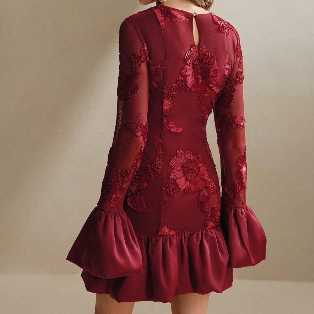 Burgundy Elegant Women's Embroidered Floral Bodycon Dress - Picture 6 of 8